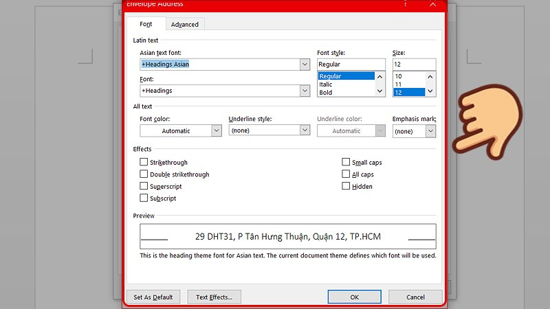 Cửa sổ tùy chỉnh font và kích thước chữ khi tạo phong bì thư trong Word 2010