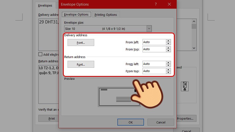 Hộp thoại Font trong Word 2010 để thay đổi kiểu chữ cho thông tin trên phong bì