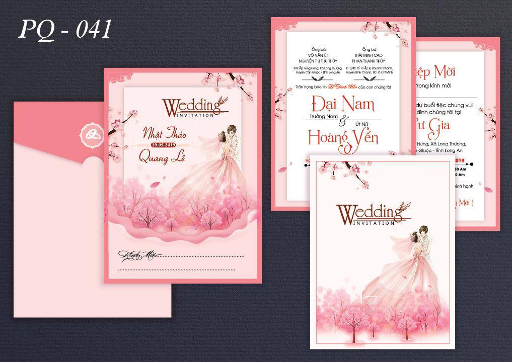 in thiệp cưới hiện đại màu hồng pastel