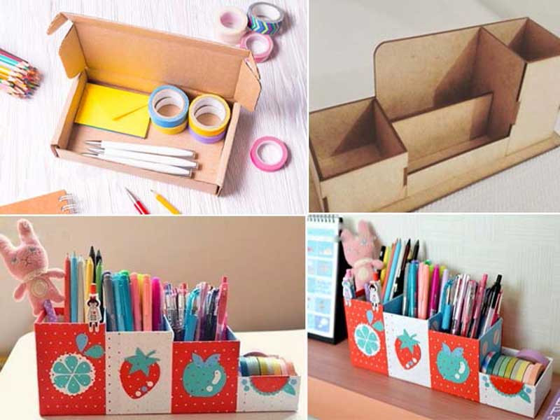 Khay đựng bút và đồ dùng học tập làm từ hộp giấy tái chế