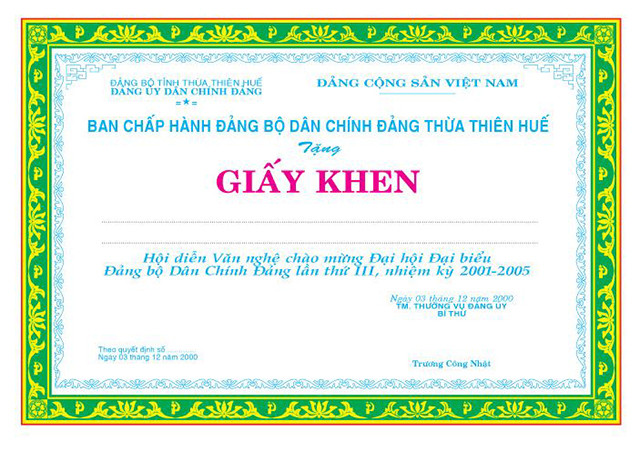 Mẫu giấy khen đẹp của Đảng bộ