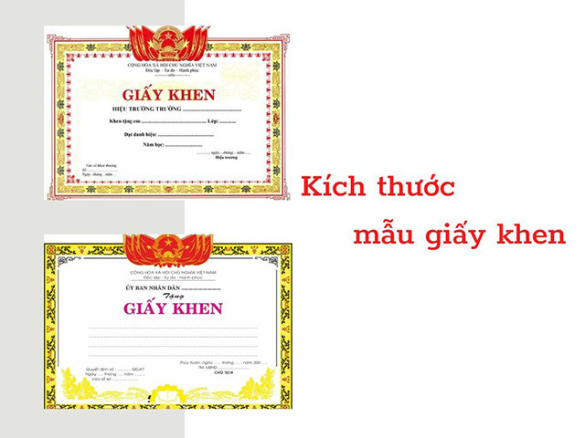 Minh họa các kích thước giấy khen phổ biến