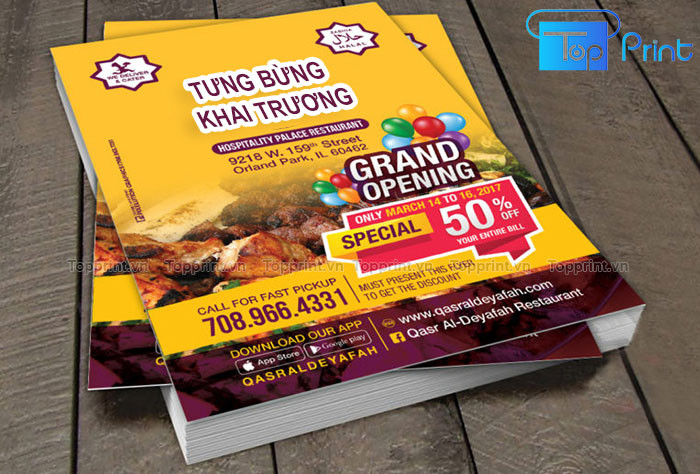 Nhiều mẫu tờ rơi khai trương được in ấn, thể hiện sự đa dạng về thiết kế