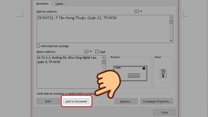Nút Add to Document để thêm thiết kế phong bì vào tài liệu Word 2010
