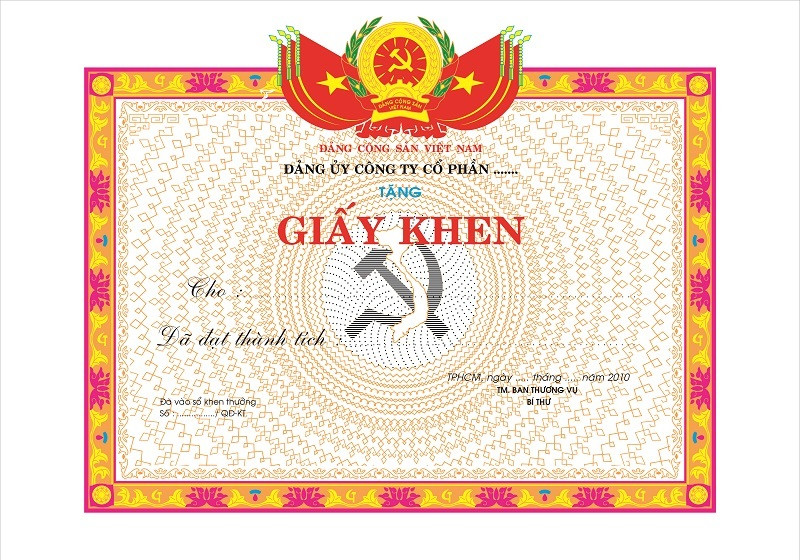 Phôi giấy khen trống để in thông tin người nhận