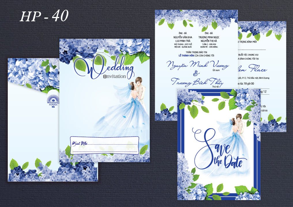 Thiệp báo hỷ hiện đại màu xanh dương, thể hiện sự tinh tế