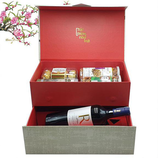 Thiết kế hộp quà Tết hai tầng sang trọng màu đỏ