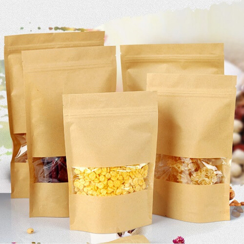 Túi zip giấy Kraft có cửa sổ đựng hạt và trái cây khô
