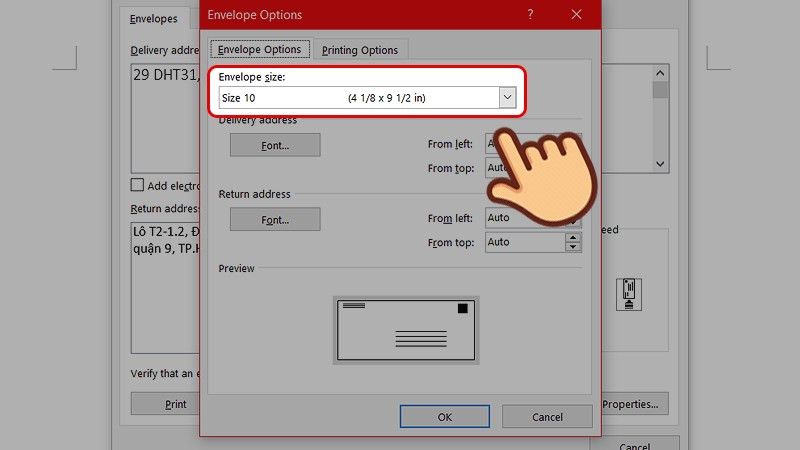 Tùy chọn kích thước phong bì trong cài đặt Envelope Options của Word 2010